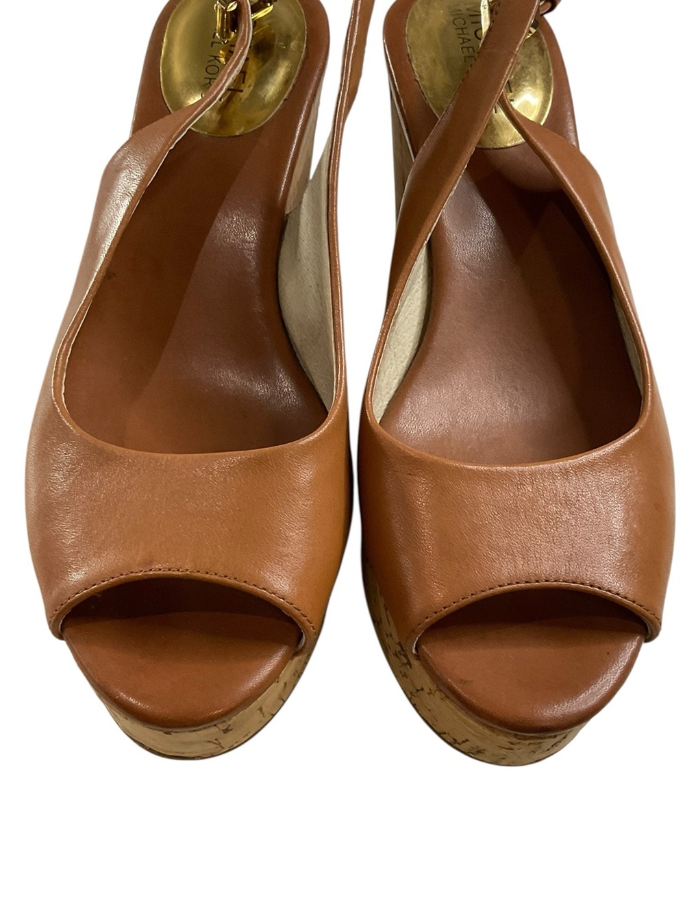MICHAEL Michael Kors Brown Leather Cork Wedge Slingback Peep-Toe Sandals - Picture 3 of 9